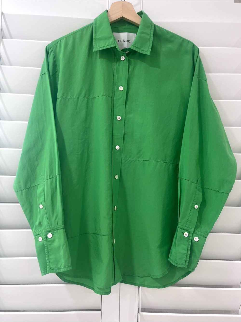 FRAME The Oversized Linear Lace Shirt Bright Peridot Green Cotton Silk XS